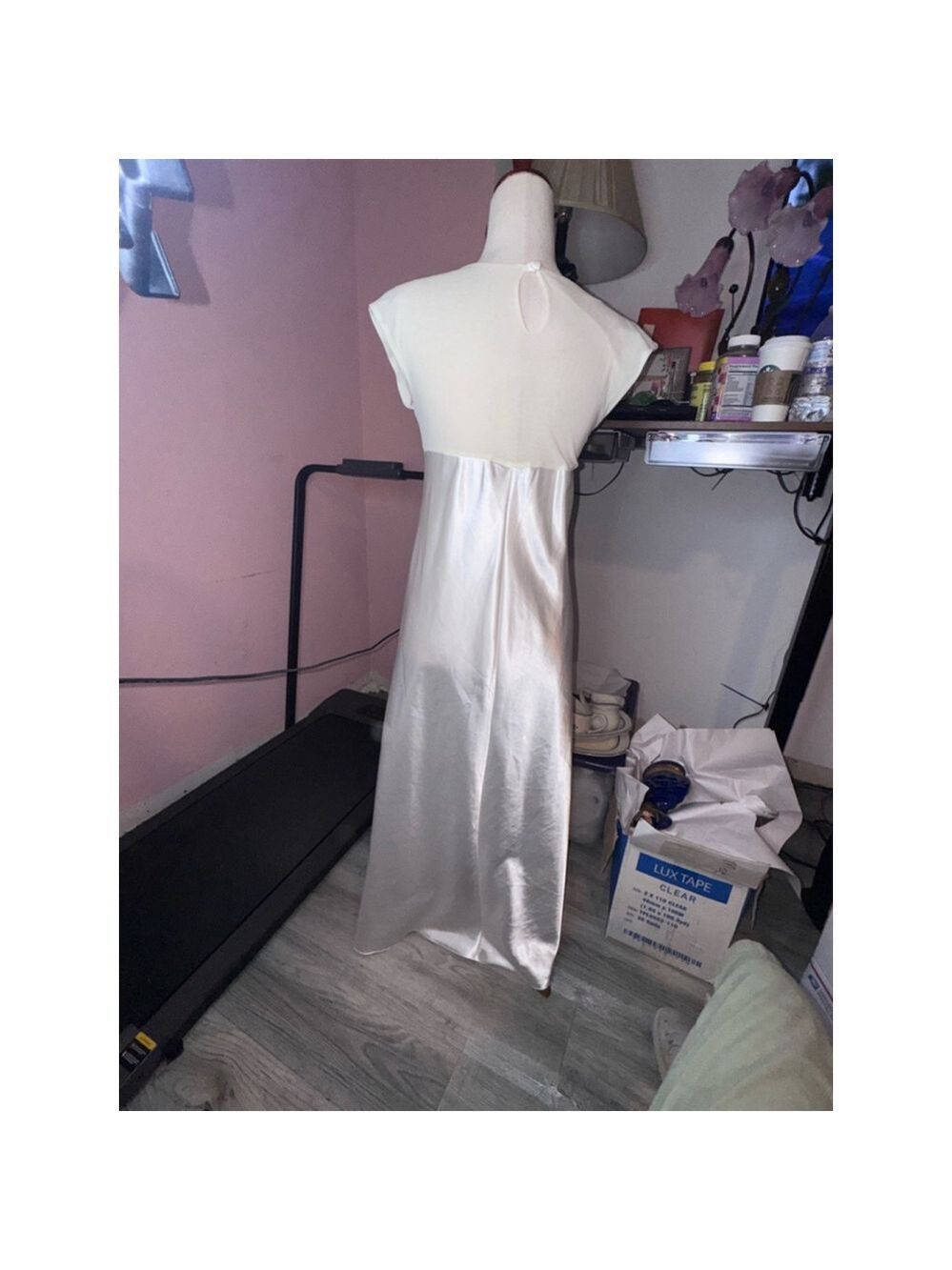 Satin gown cream sz med USA made! Satin bottom top sheer embroidered - Picture 8 of 13